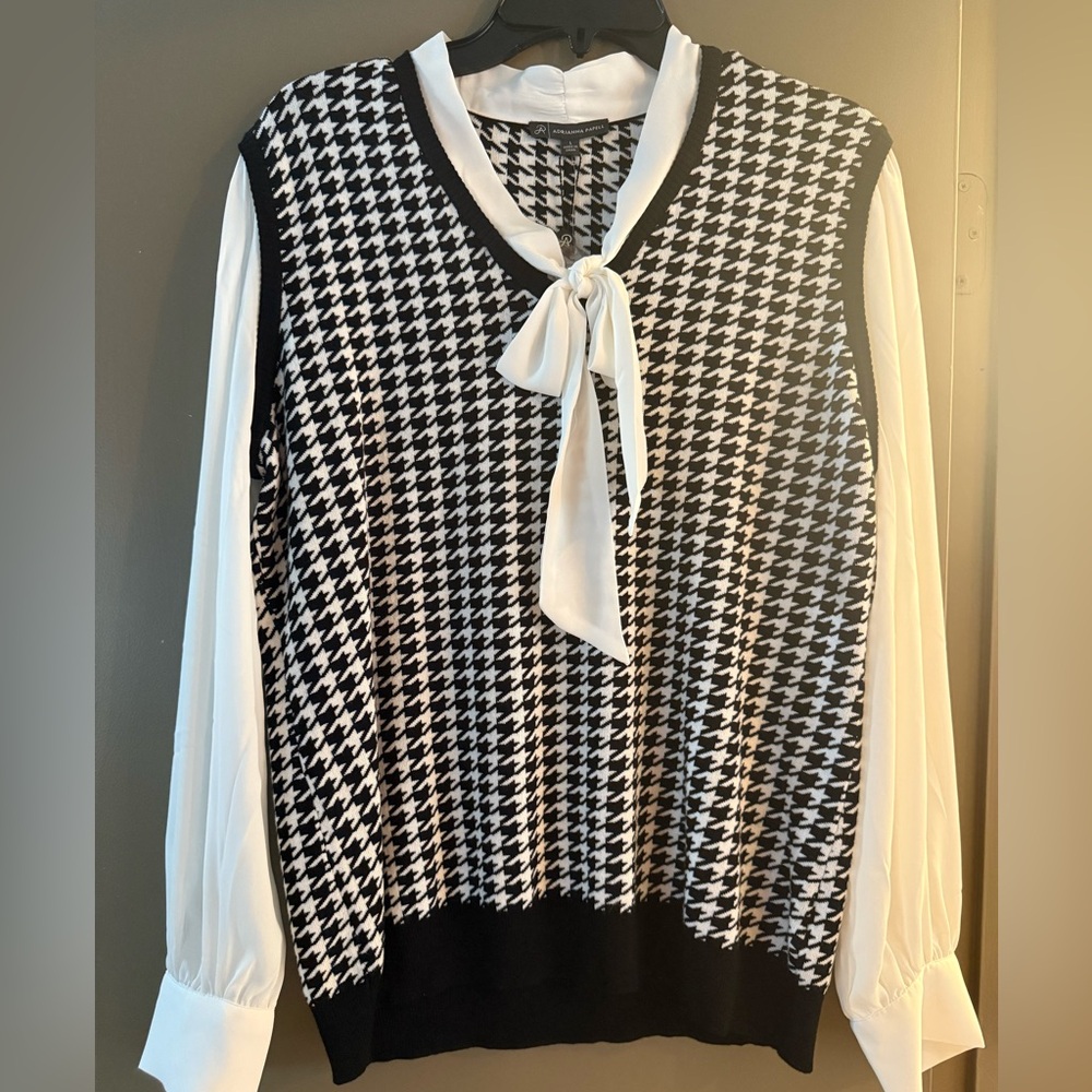 Adrianna Papell Black and White Houndstooth Top with Bow